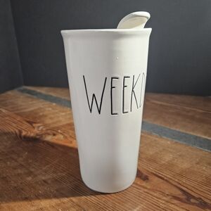 Rae Dunn Ceramic Travel Mug with 'WEEKDAY' Lettering